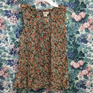Silk Crepe Brown Tan Orange Floral Sleeveless Top